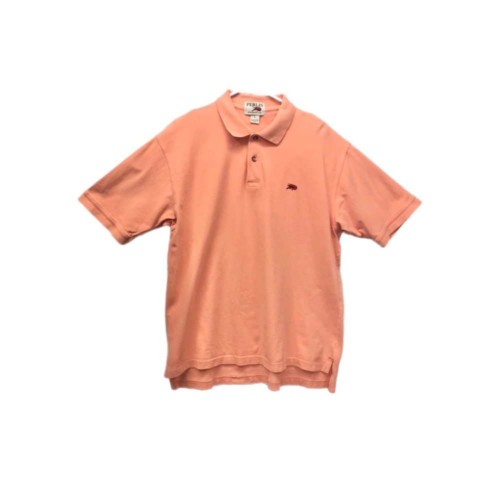Perlis Mens L Polo Shirt Coral Pink Crawfish Logo Short Sleeve Peruvian Cotton